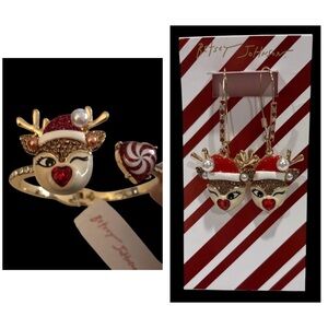 BETSEY JOHNSON SET Christmas Rudolph Reindeer Hinge Bracelet & Earrings NEW NWT